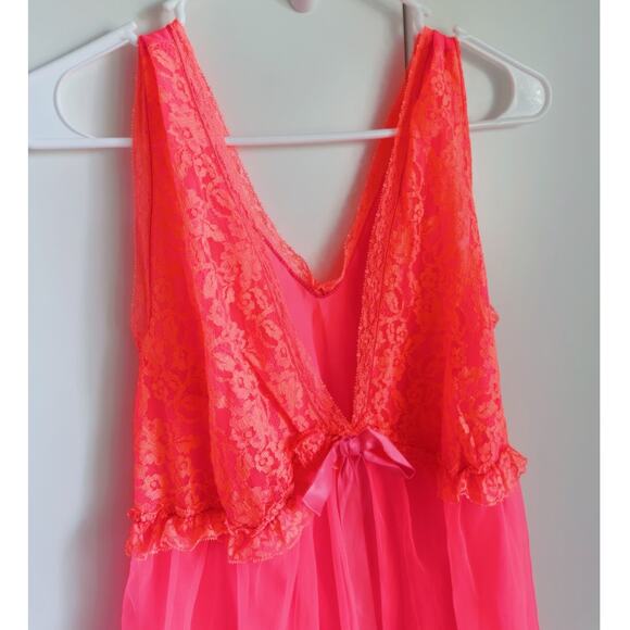 Vintage Lingerie Nightie Neon Coral Orange Lace Size M/Large Fit Bright - Picture 3 of 8